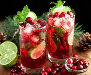Festive Christmas Cranberry Mojito with fresh cranberries and mint leaves a refreshing holiday cocktail