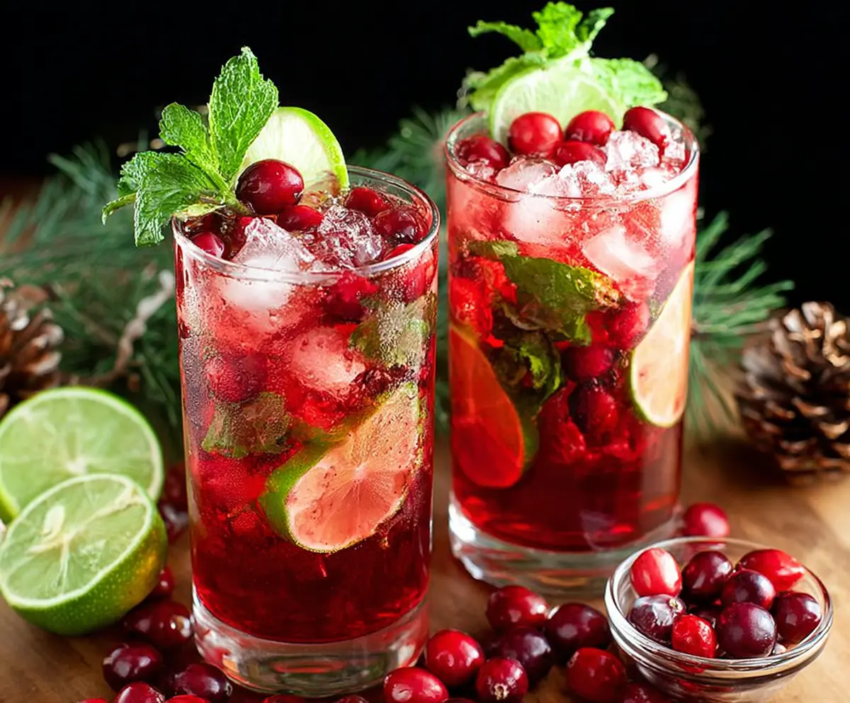 Festive Christmas Cranberry Mojito with fresh cranberries and mint leaves a refreshing holiday cocktail