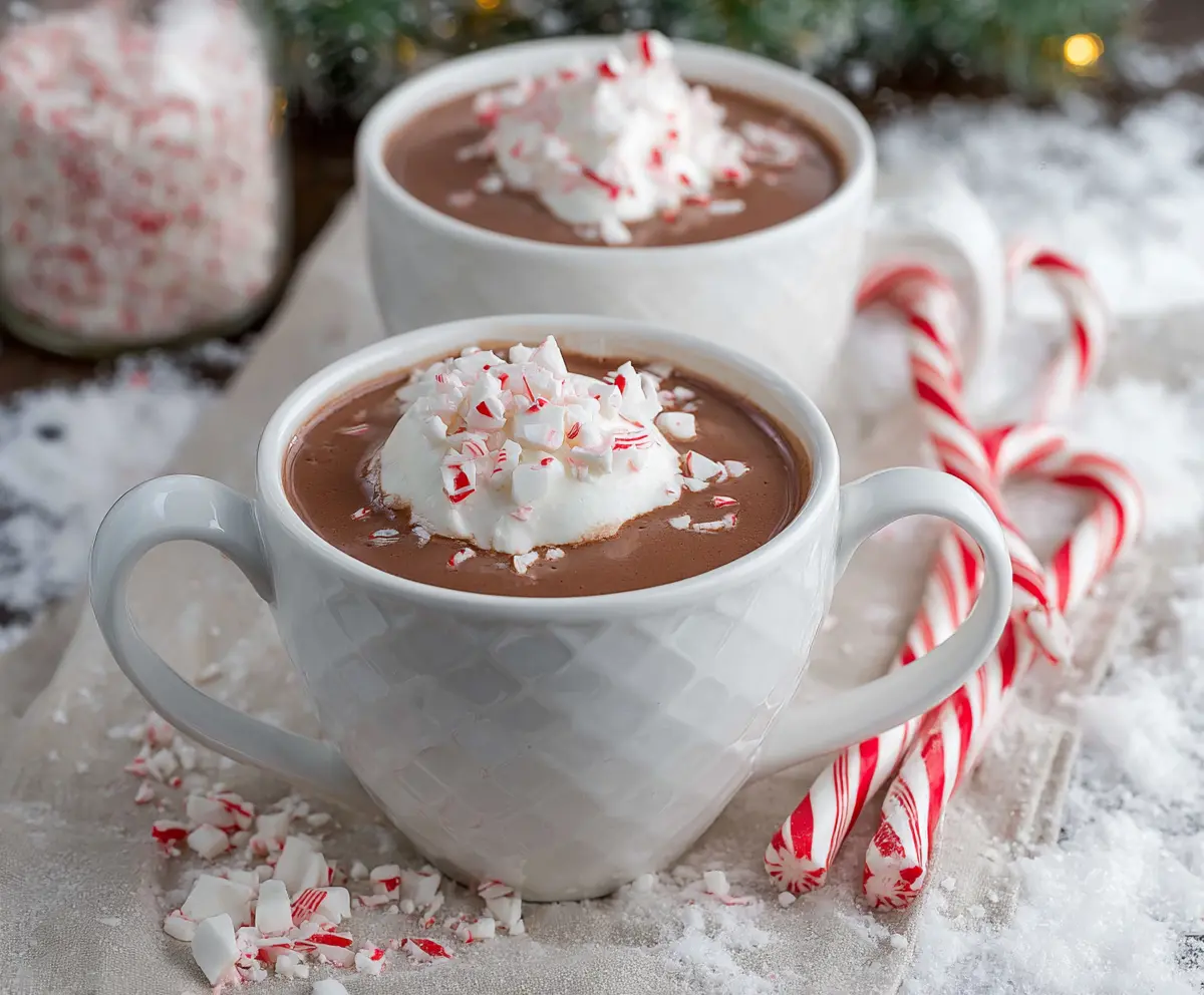 Creamy Christmas Peppermint Hot Chocolate topped with whipped cream and crushed peppermint candies