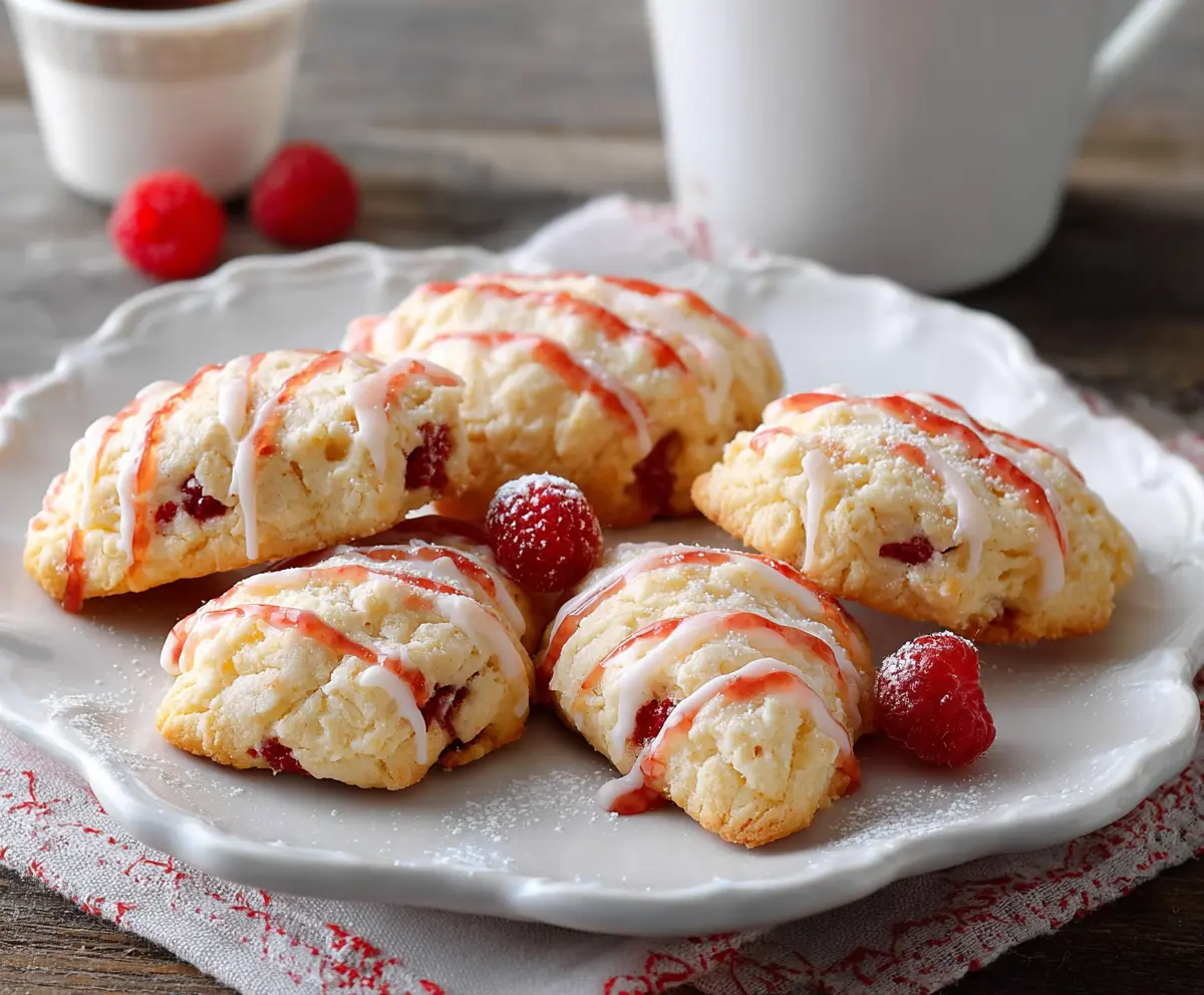 Delicious homemade cottage cheese raspberry cookies on a plate with fresh raspberries
