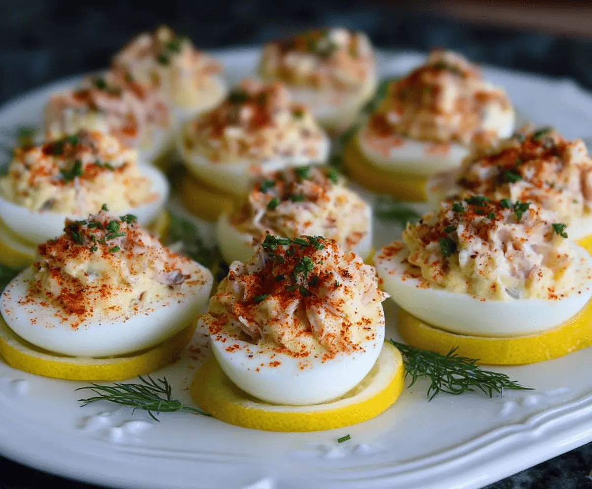 Delicious crab-stuffed deviled eggs garnished with herbs on a white platter