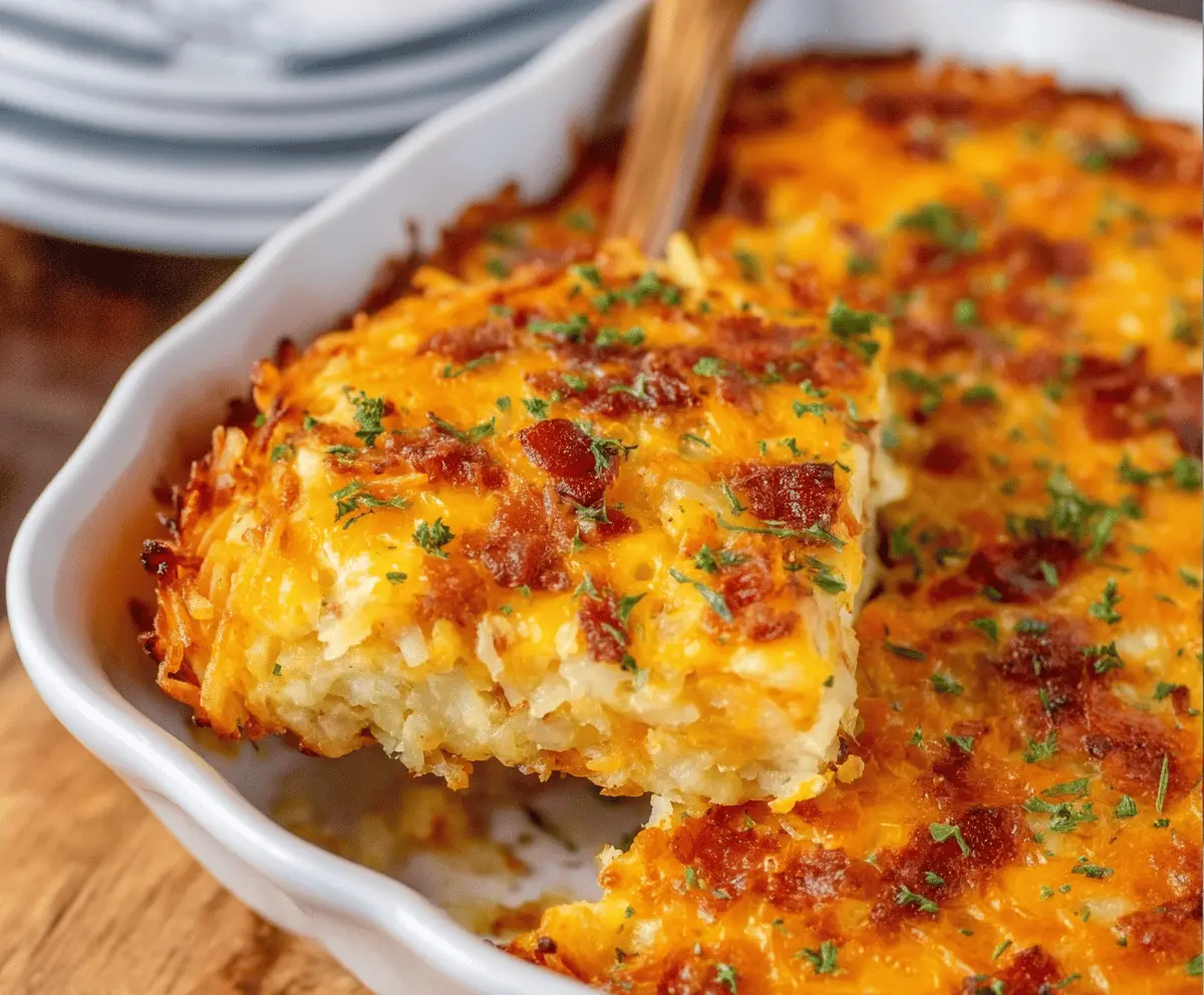 Delicious Crack Breakfast Casserole Hashbrown served on a plate with melted cheese and crispy edges.