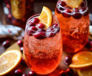 Refreshing Cranberry Aperol Spritz in a glass with ice and garnished with fresh cranberries and orange slice.