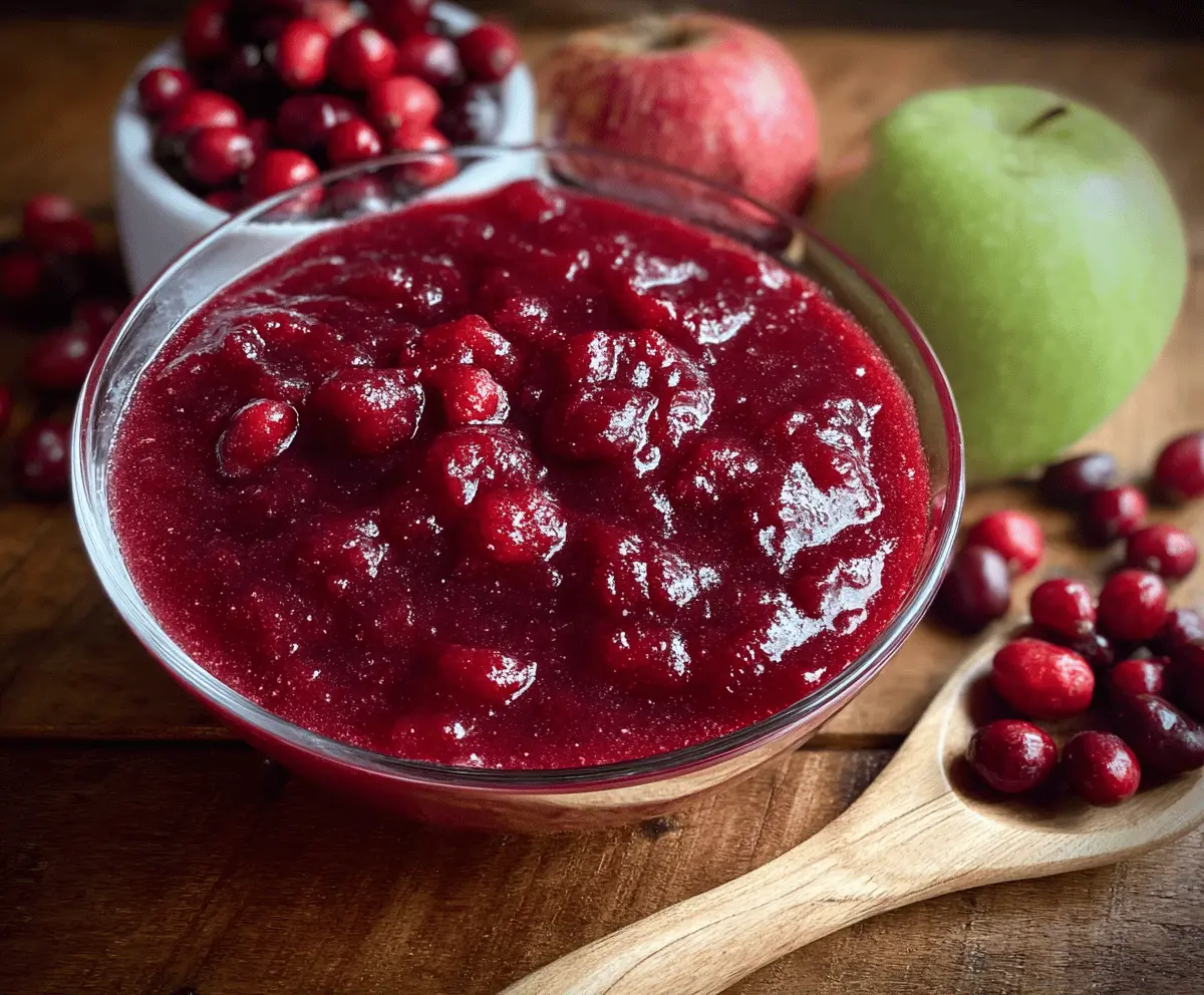 Homemade cranberry apple sauce in a glass bowl perfect for holiday desserts