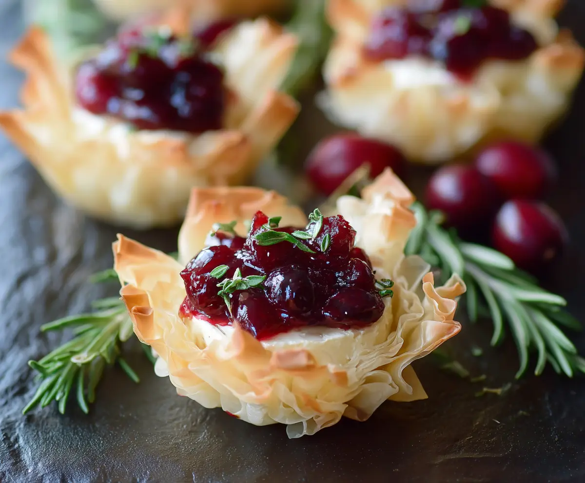 Delicious cranberry brie phyllo cups garnished with fresh cranberries and herbs for appetizer appeal.