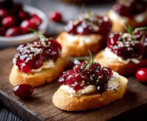Cranberry chutney spread on crispy crostini garnished with fresh herbs for a festive appetizer.