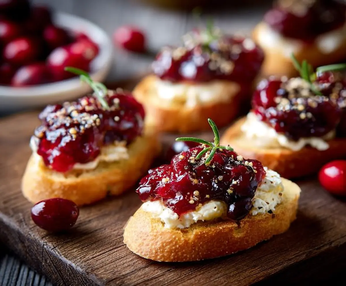 Cranberry chutney spread on crispy crostini garnished with fresh herbs for a festive appetizer.