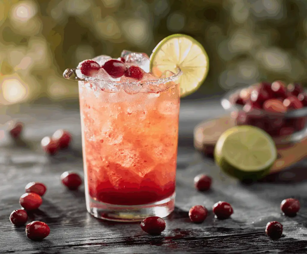 Refreshing Cranberry Ginger Paloma cocktail garnished with fresh cranberries and lime wedge on a stylish bar table.