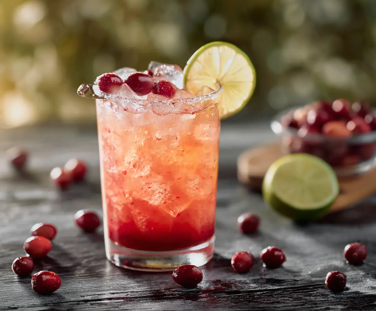 Refreshing Cranberry Ginger Paloma cocktail garnished with fresh cranberries and lime wedge on a stylish bar table.