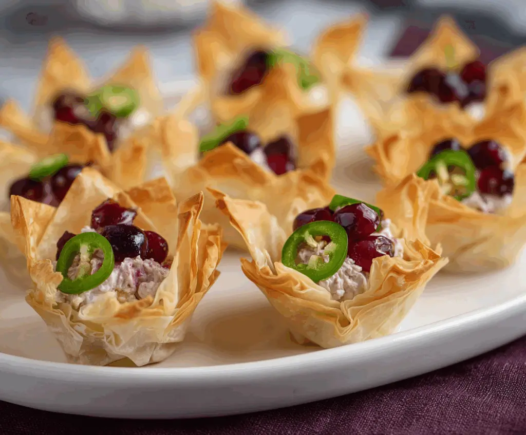 Cranberry Jalapeno Phyllo Cups with fresh cranberries, jalapenos, and crispy phyllo pastry