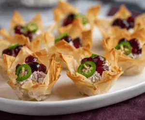 Cranberry Jalapeno Phyllo Cups with fresh cranberries, jalapenos, and crispy phyllo pastry
