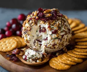 Cream cheese ball coated with cranberries and chopped nuts for a festive appetizer.