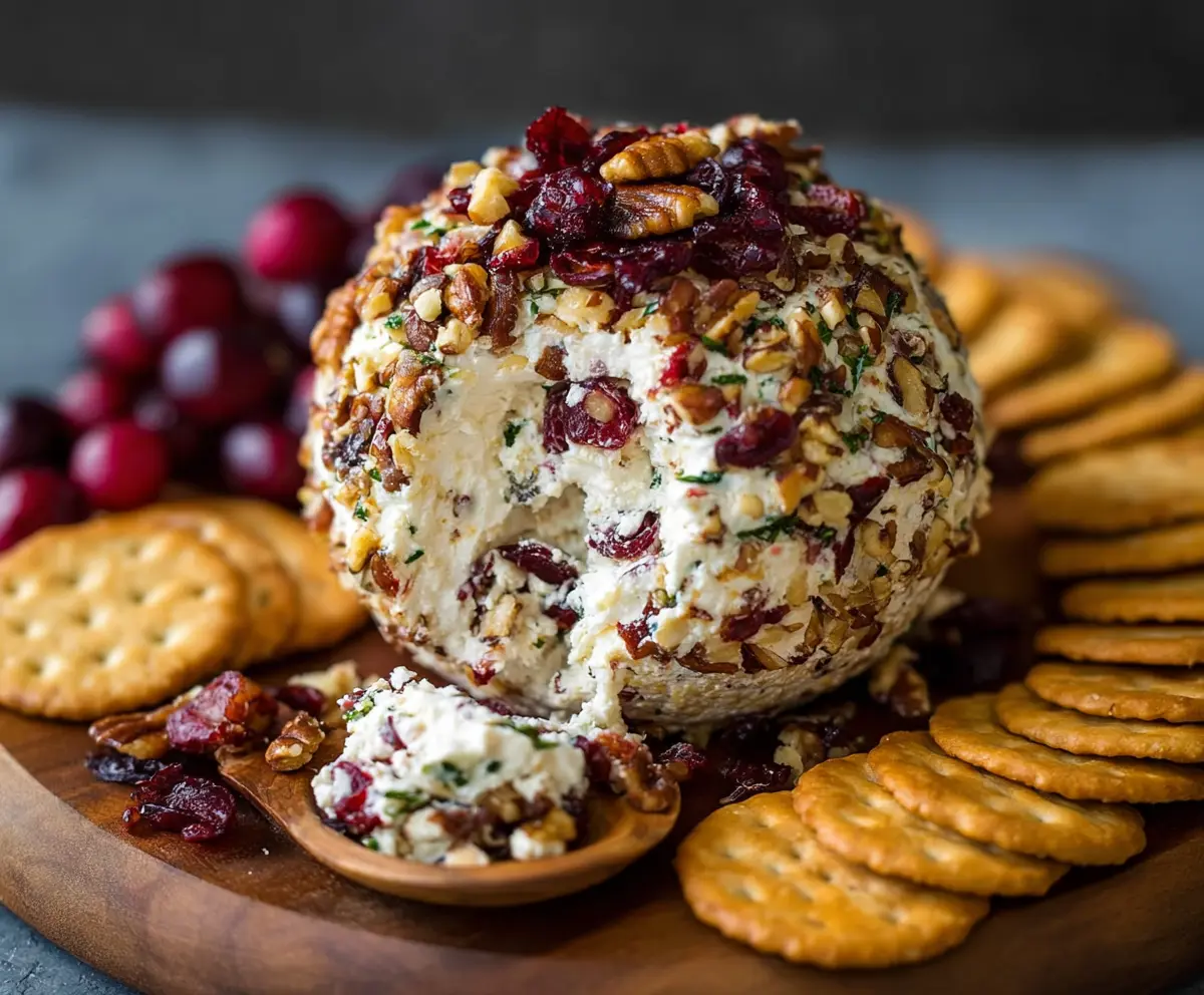 Cream cheese ball coated with cranberries and chopped nuts for a festive appetizer.