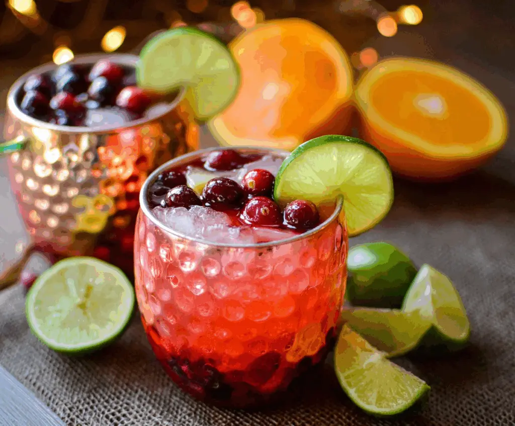 Refreshing Cranberry Orange Moscow Mule cocktail with fresh cranberries and orange slices in a copper mug.