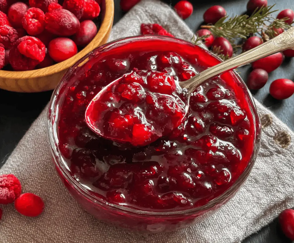 Homemade cranberry raspberry sauce in a bowl, perfect for holiday desserts and roast dinners.
