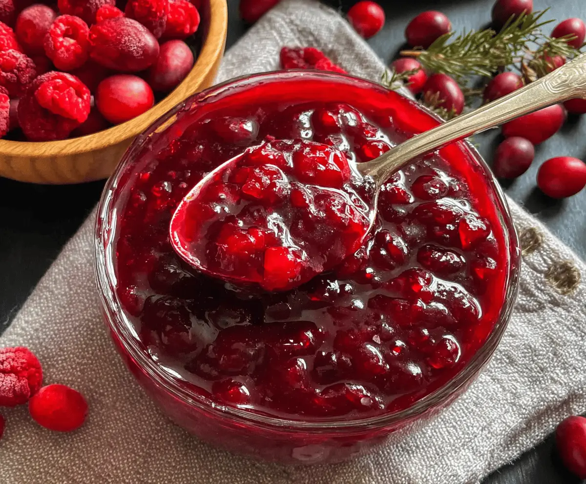 Homemade cranberry raspberry sauce in a bowl, perfect for holiday desserts and roast dinners.