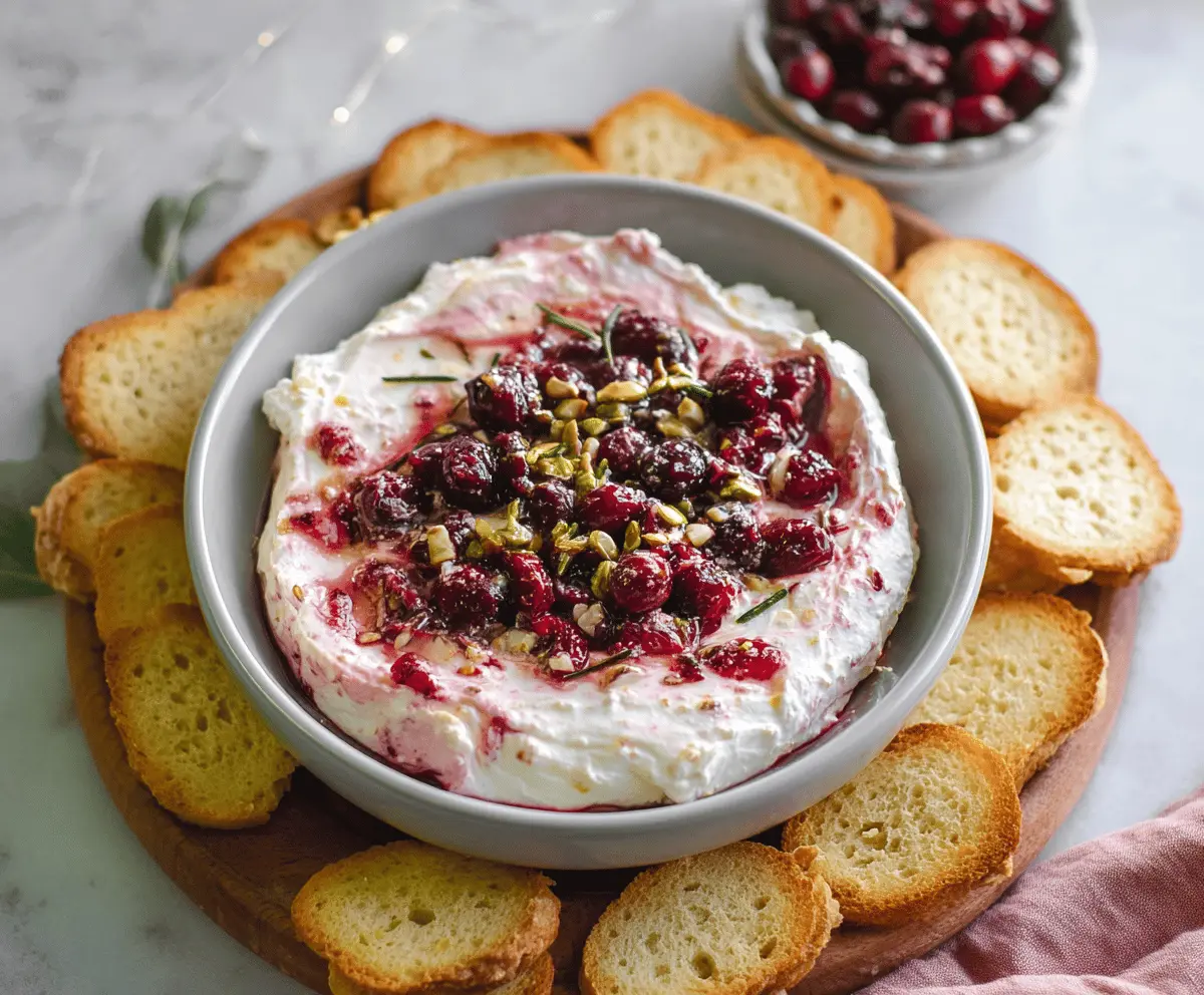 Creamy Cranberry Whipped Feta Dip served with fresh cranberries and herbs.