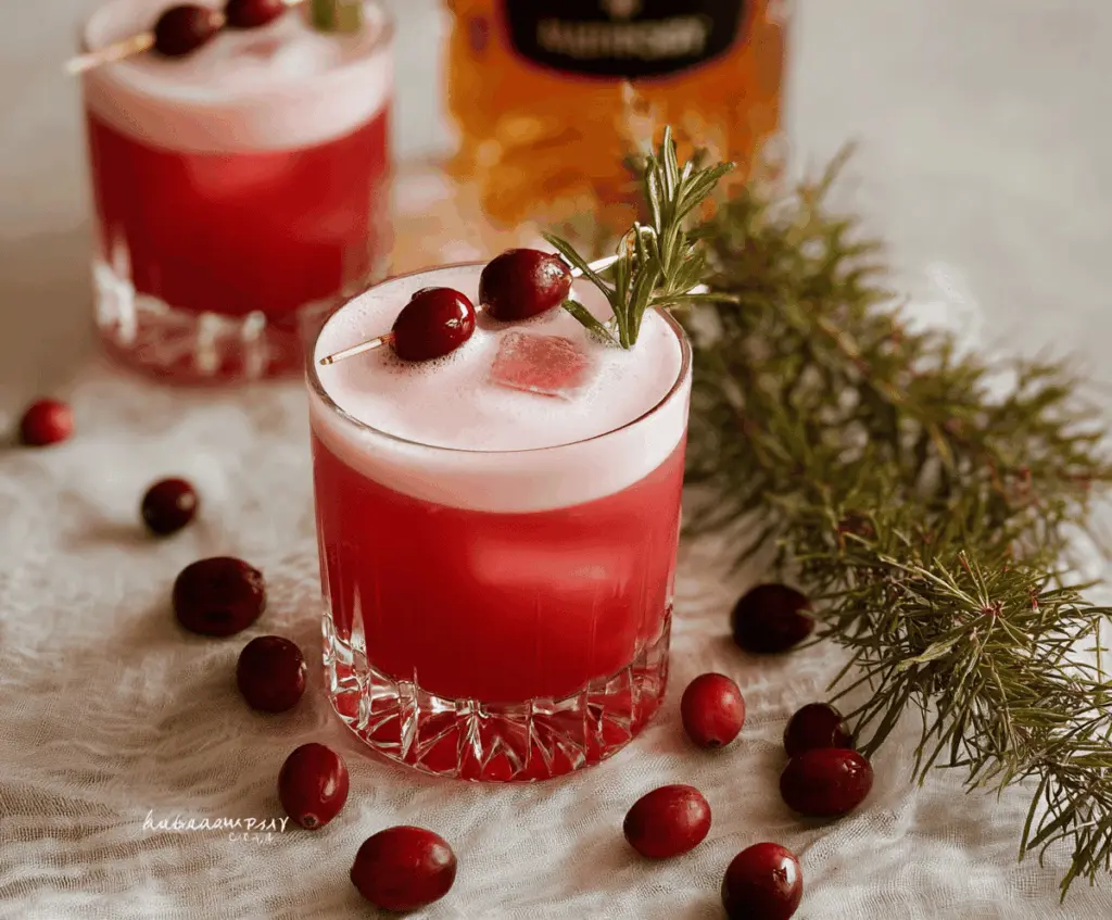 Refreshing Cranberry Whiskey Sour cocktail with fresh cranberries and lemon slice
