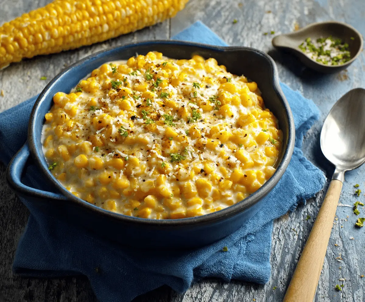 Delicious creamy creamed corn served in a rustic bowl, highlighting its rich texture and golden color.