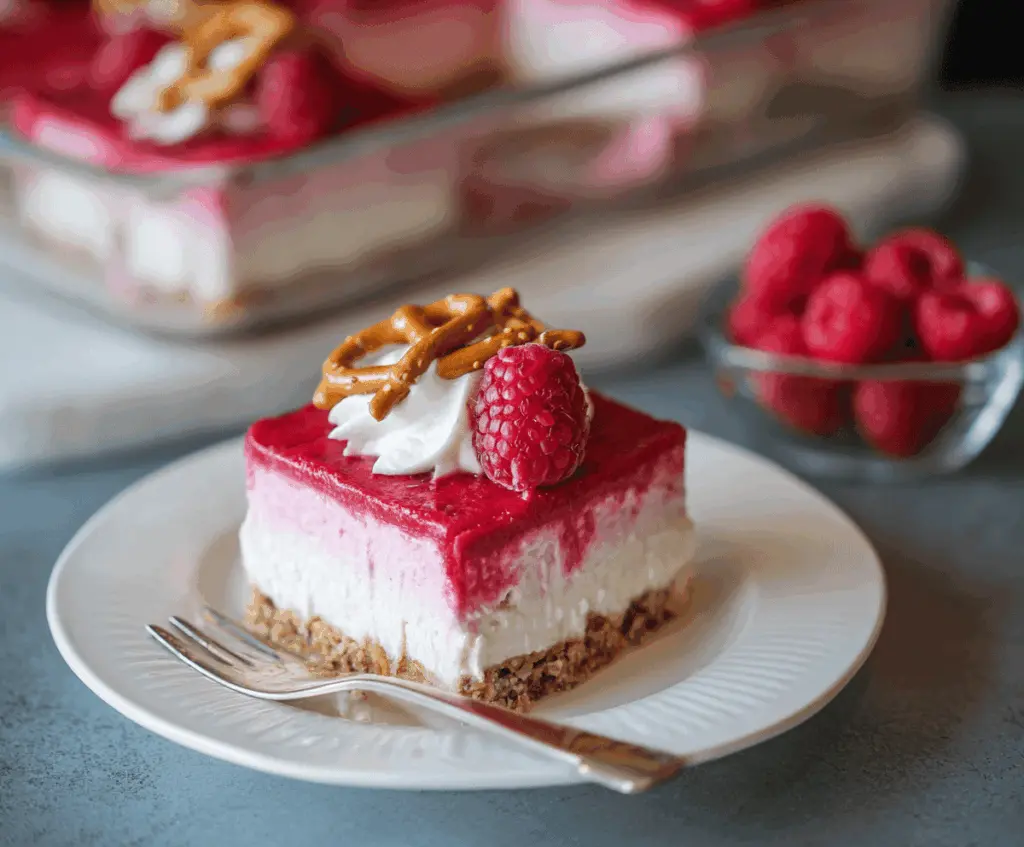 Delicious creamy raspberry pretzel dessert with a sweet and tangy flavor and a crunchy pretzel base