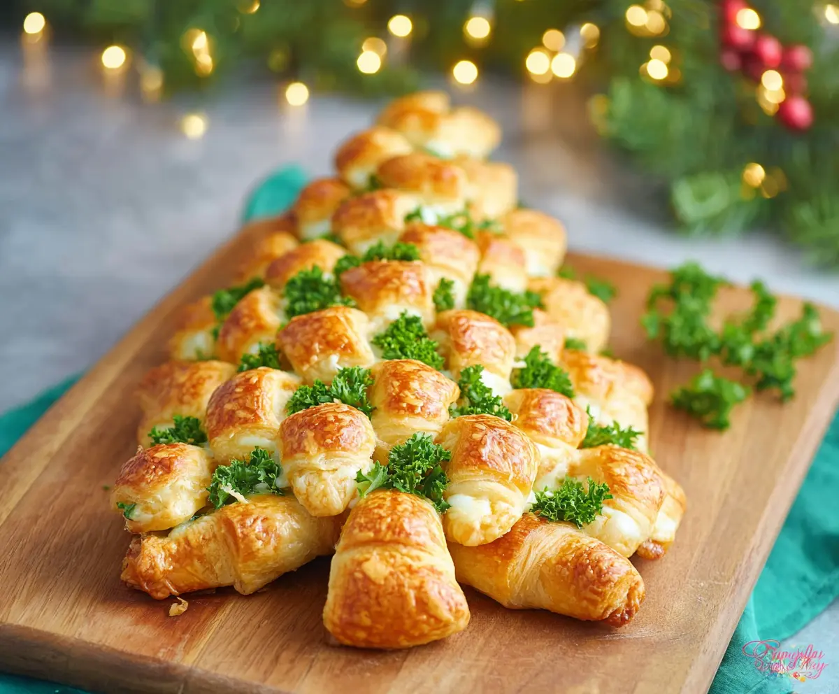 Festive Crescent Roll Christmas Tree decorated with colorful holiday toppings for a holiday appetizer