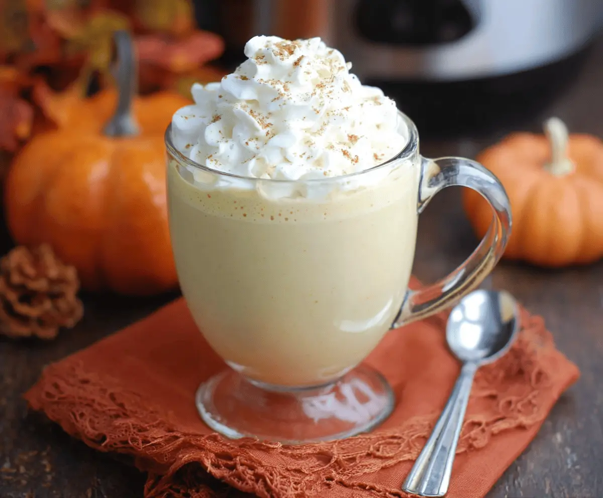 Creamy crockpot pumpkin pie white hot chocolate in a mug topped with whipped cream and cinnamon.