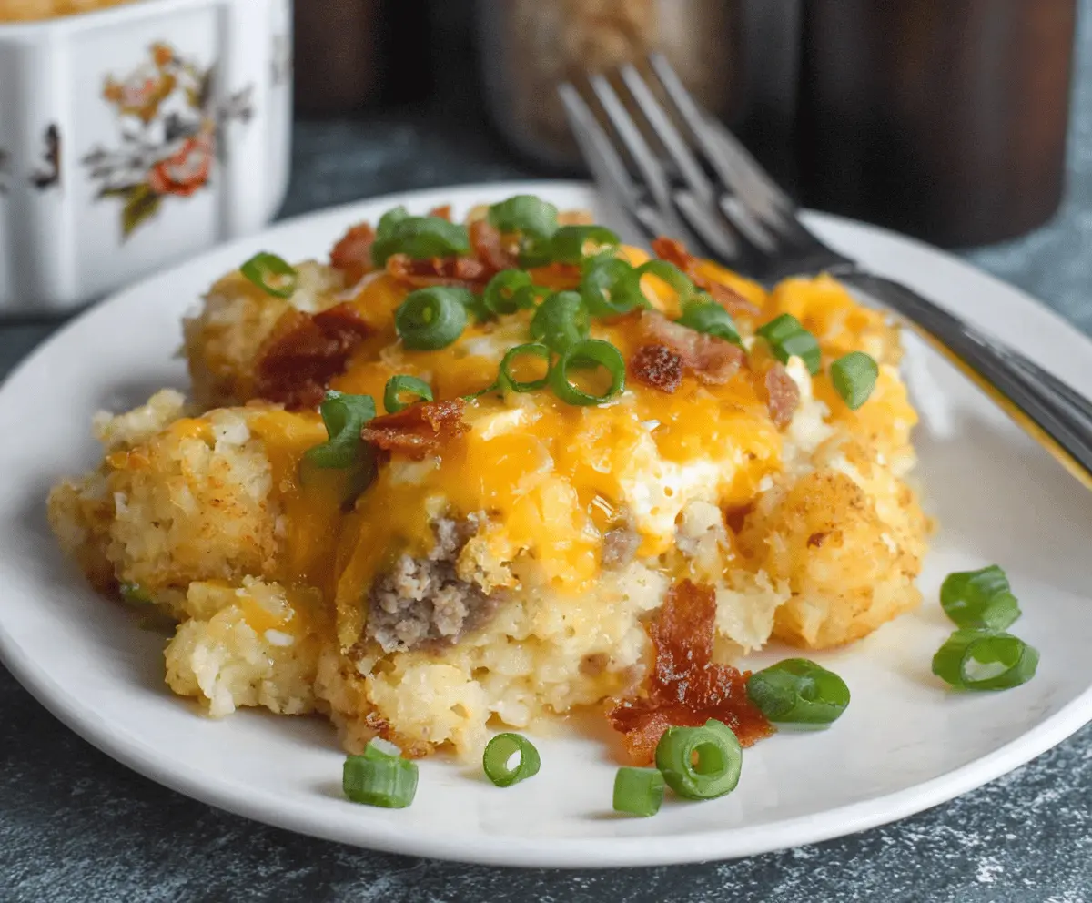 Delicious Crockpot Tater Tot Breakfast Casserole with melted cheese and crispy bacon on top.