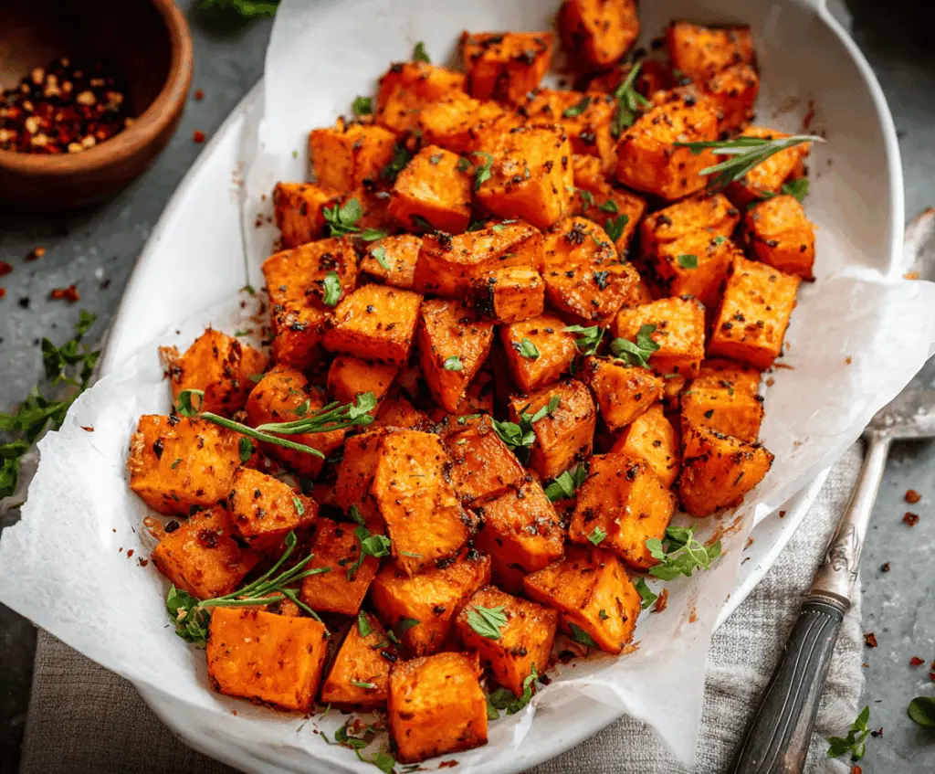 Crispy roasted sweet potatoes seasoned with herbs on a baking sheet.