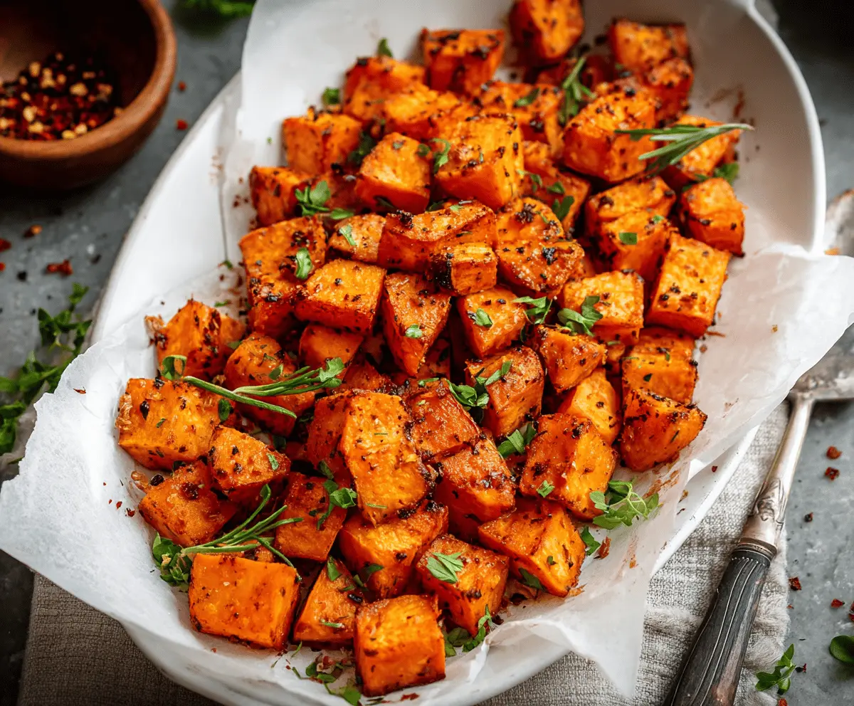 Crispy roasted sweet potatoes seasoned with herbs on a baking sheet.