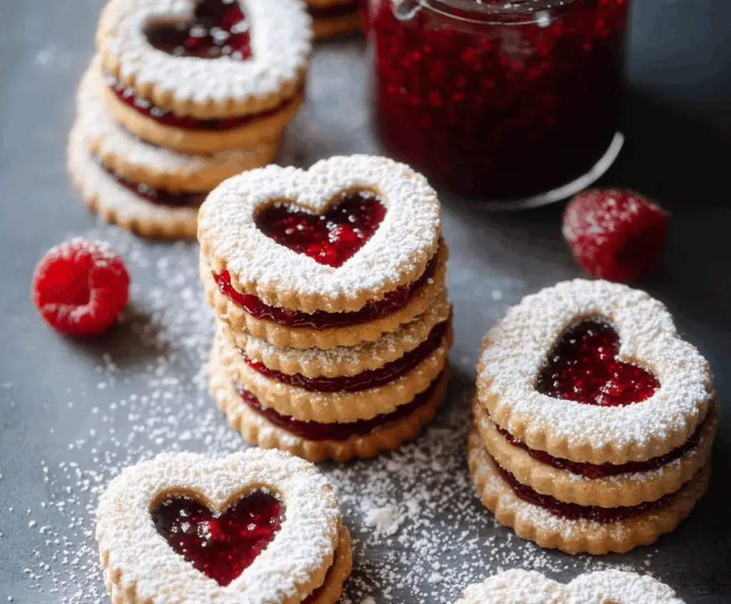 Delicious Easy Raspberry Almond Linzer Cookies with raspberry jam filling and almond-flavored cookies.