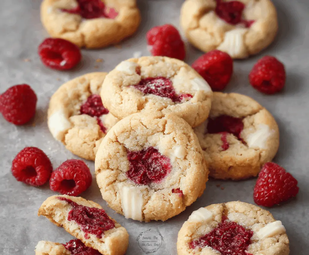 Delicious eggless raspberry cookies on a plate with fresh raspberries