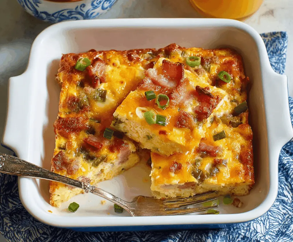 Delicious Farmer's Breakfast Casserole with eggs, vegetables, and cheese in a baking dish.