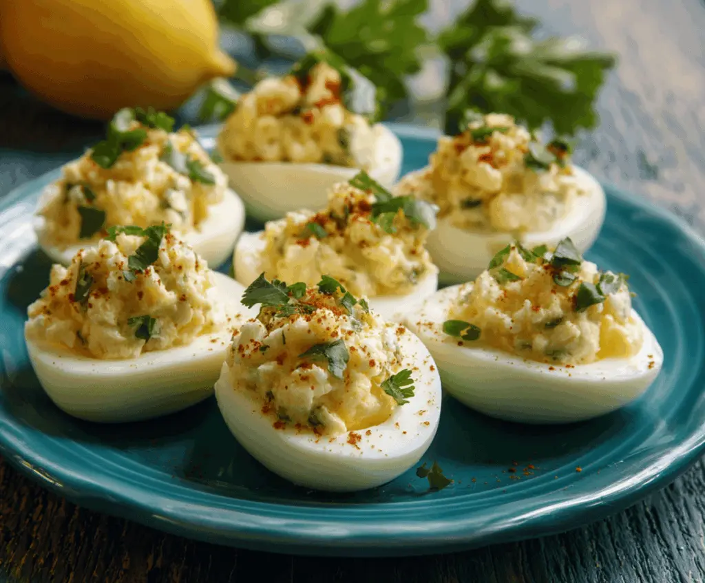 Delicious feta cheese stuffed deviled eggs decorated for a party.