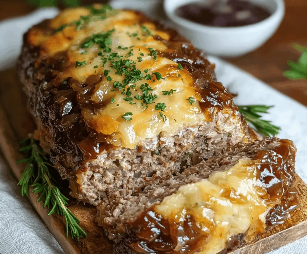 Delicious French Onion Meatloaf garnished with fresh herbs on a rustic plate