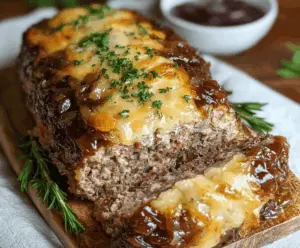Delicious French Onion Meatloaf garnished with fresh herbs on a rustic plate