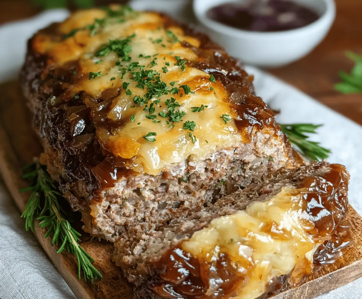 Delicious French Onion Meatloaf garnished with fresh herbs on a rustic plate