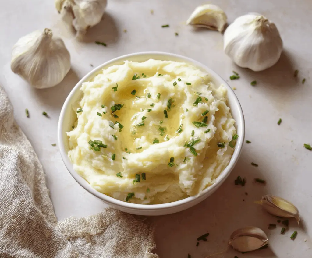 Creamy garlic mashed potatoes garnished with fresh herbs, perfect for a comforting side dish.