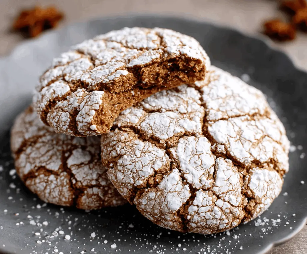 Delicious homemade gingerbread crinkle cookies with powdered sugar coating.