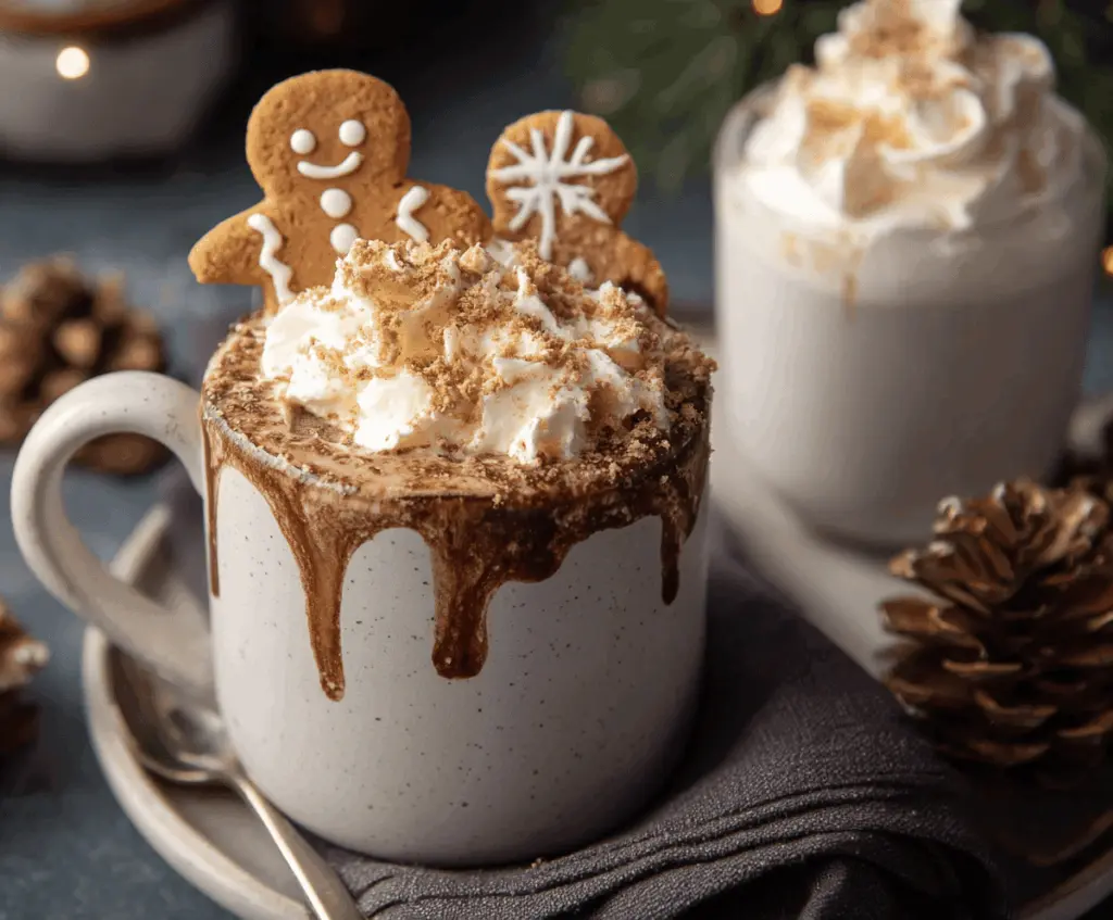 Warm gingerbread hot chocolate in a mug topped with whipped cream and a cinnamon stick.