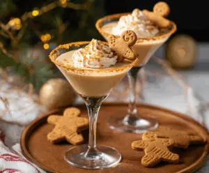 A festive Gingerbread Martini in a clear glass garnished with a gingerbread cookie and cinnamon stick for holiday celebration.