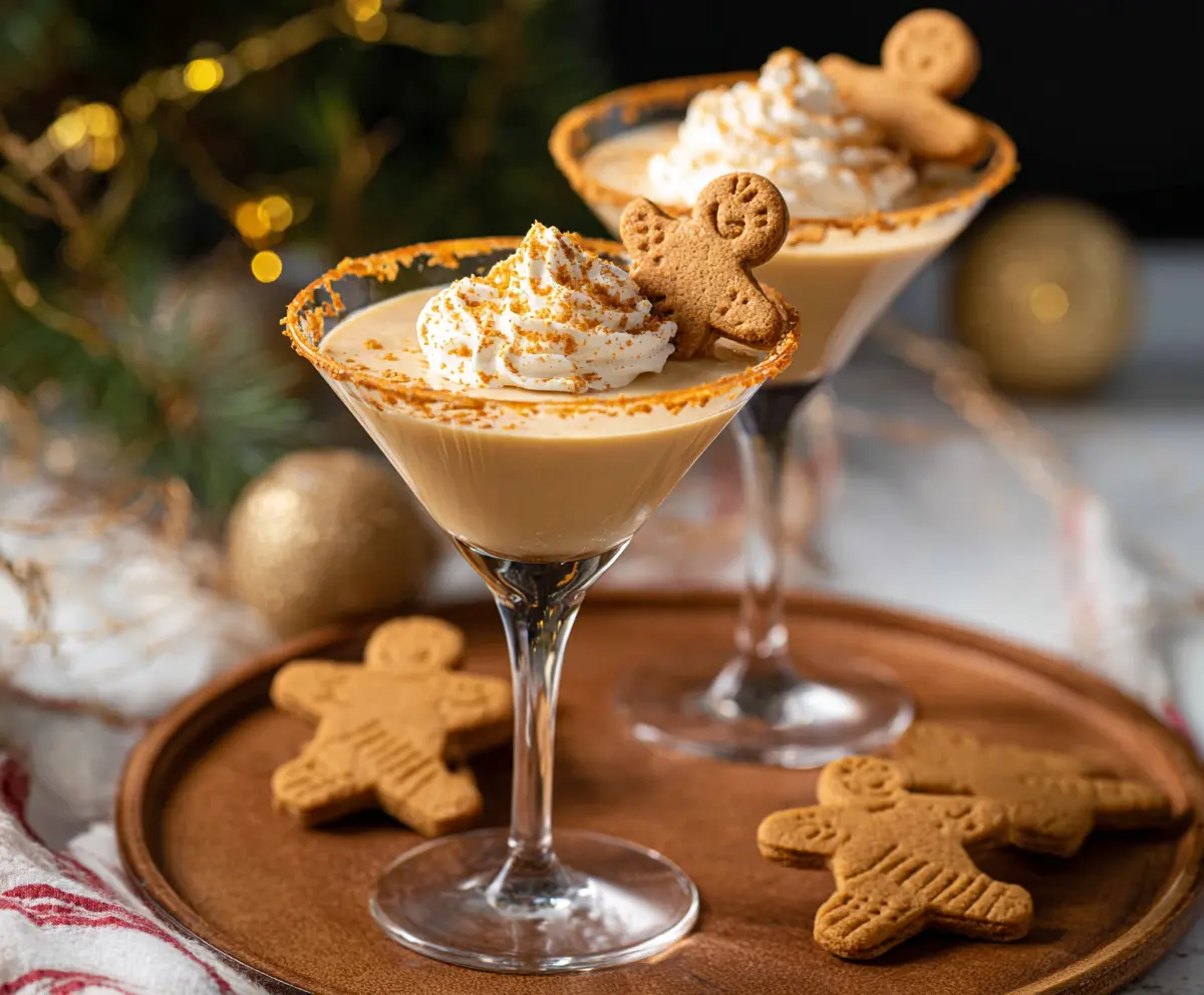 A festive Gingerbread Martini in a clear glass garnished with a gingerbread cookie and cinnamon stick for holiday celebration.
