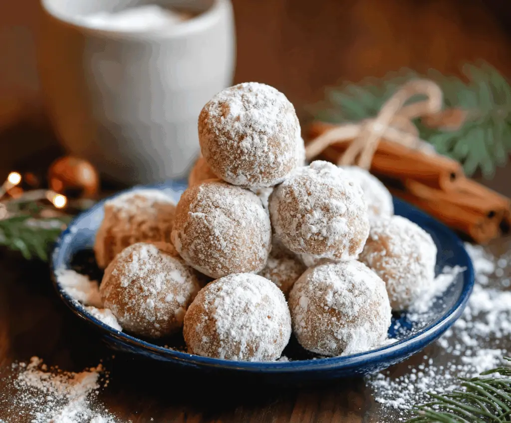 Delicious gingerbread snowball cookies covered in powdered sugar on a festive plate.