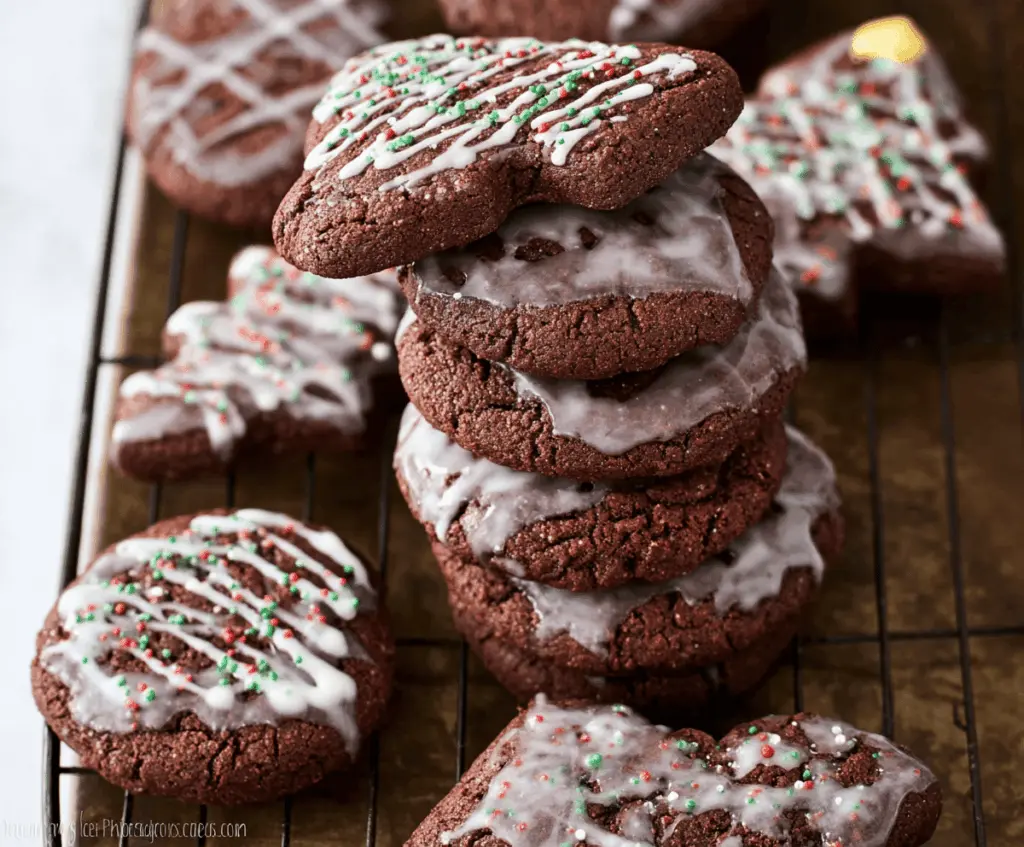 Delicious glazed chocolate gingerbread cookies with shiny coating and festive details