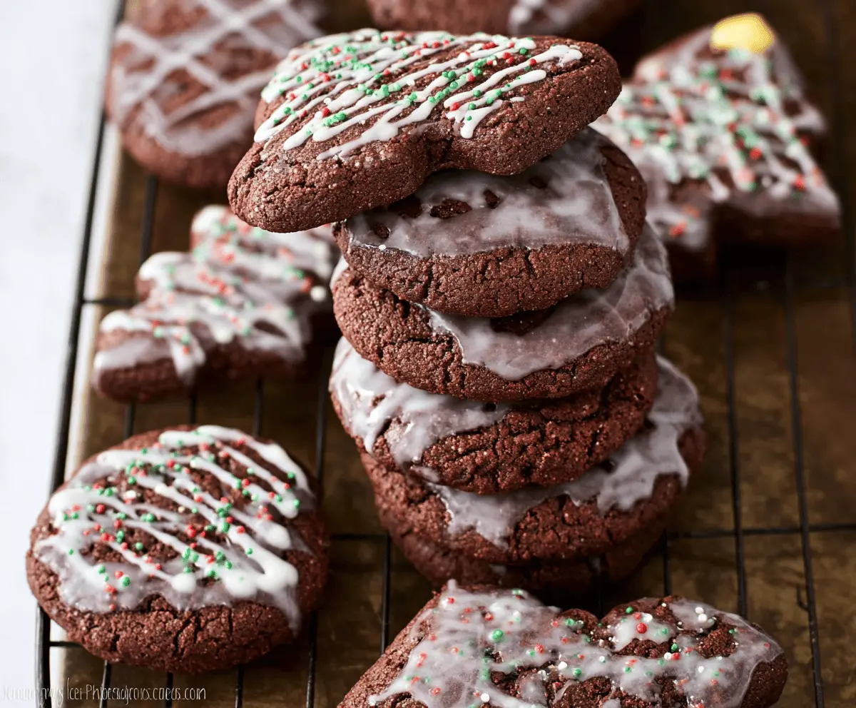 Delicious glazed chocolate gingerbread cookies with shiny coating and festive details