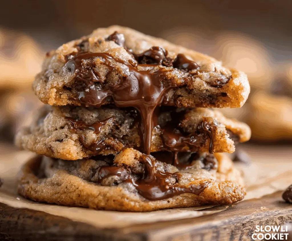 Delicious gooey chocolate chip cookies fresh out of the oven, showcasing melted chocolate chips and a soft, chewy texture.
