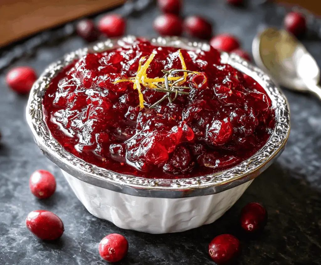Delicious homemade Grand Marnier cranberry sauce served in a glass bowl with fresh cranberries.