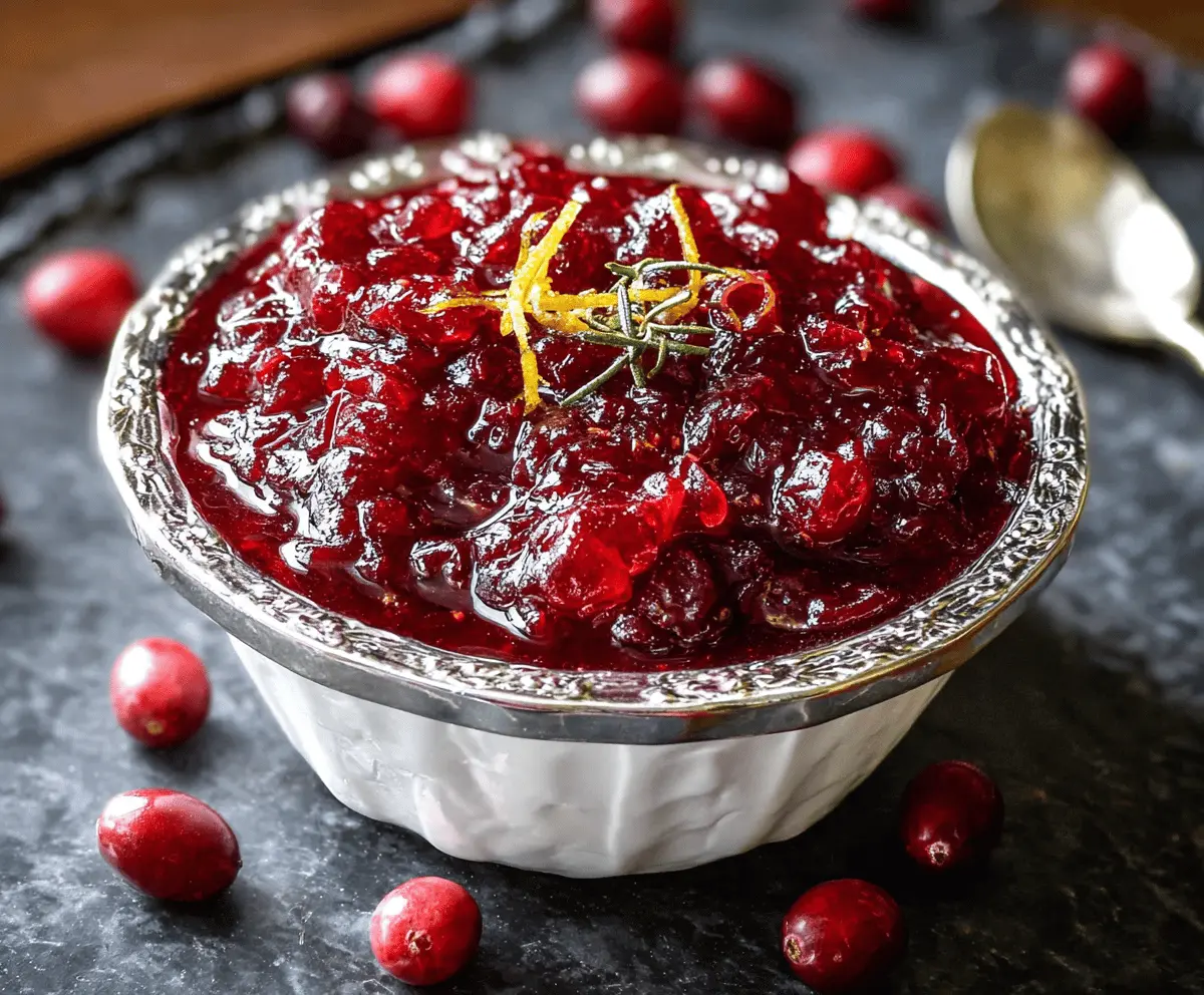 Delicious homemade Grand Marnier cranberry sauce served in a glass bowl with fresh cranberries.