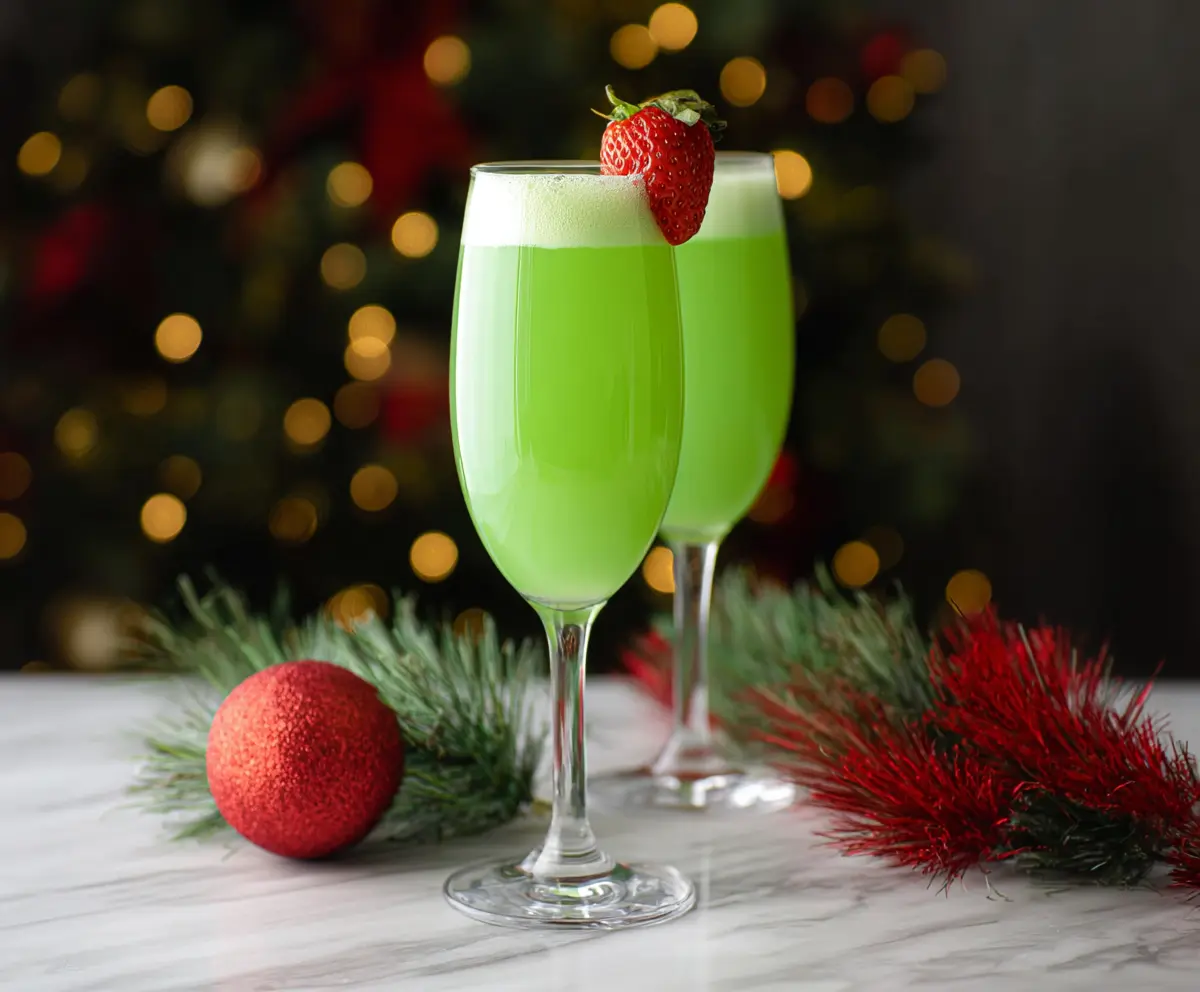 Festive Grinch Mimosa with green juice and holiday decor for a Christmas celebration