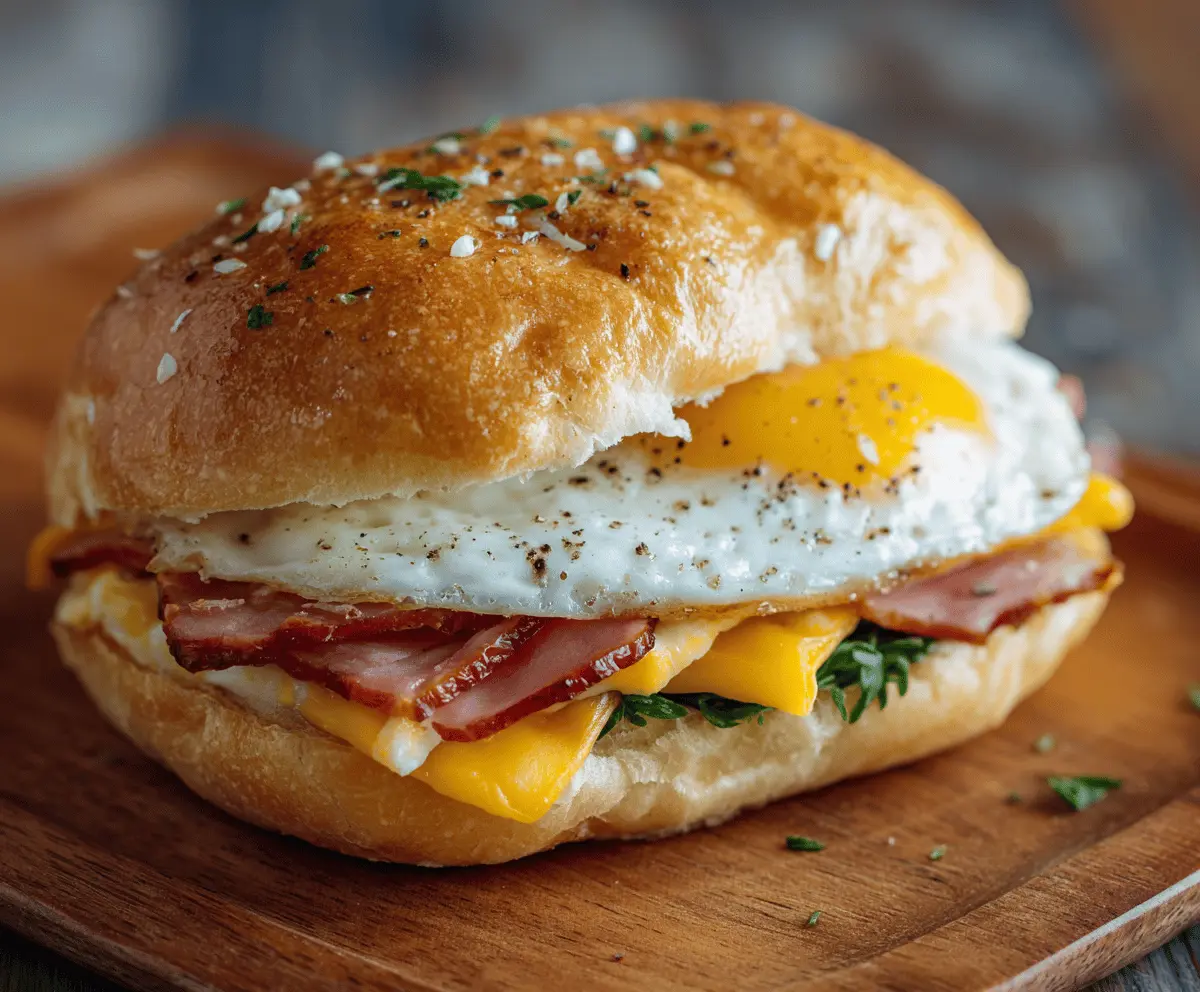 Delicious ham, egg, and cheese breakfast sandwich on toasted bread, perfect for morning cravings