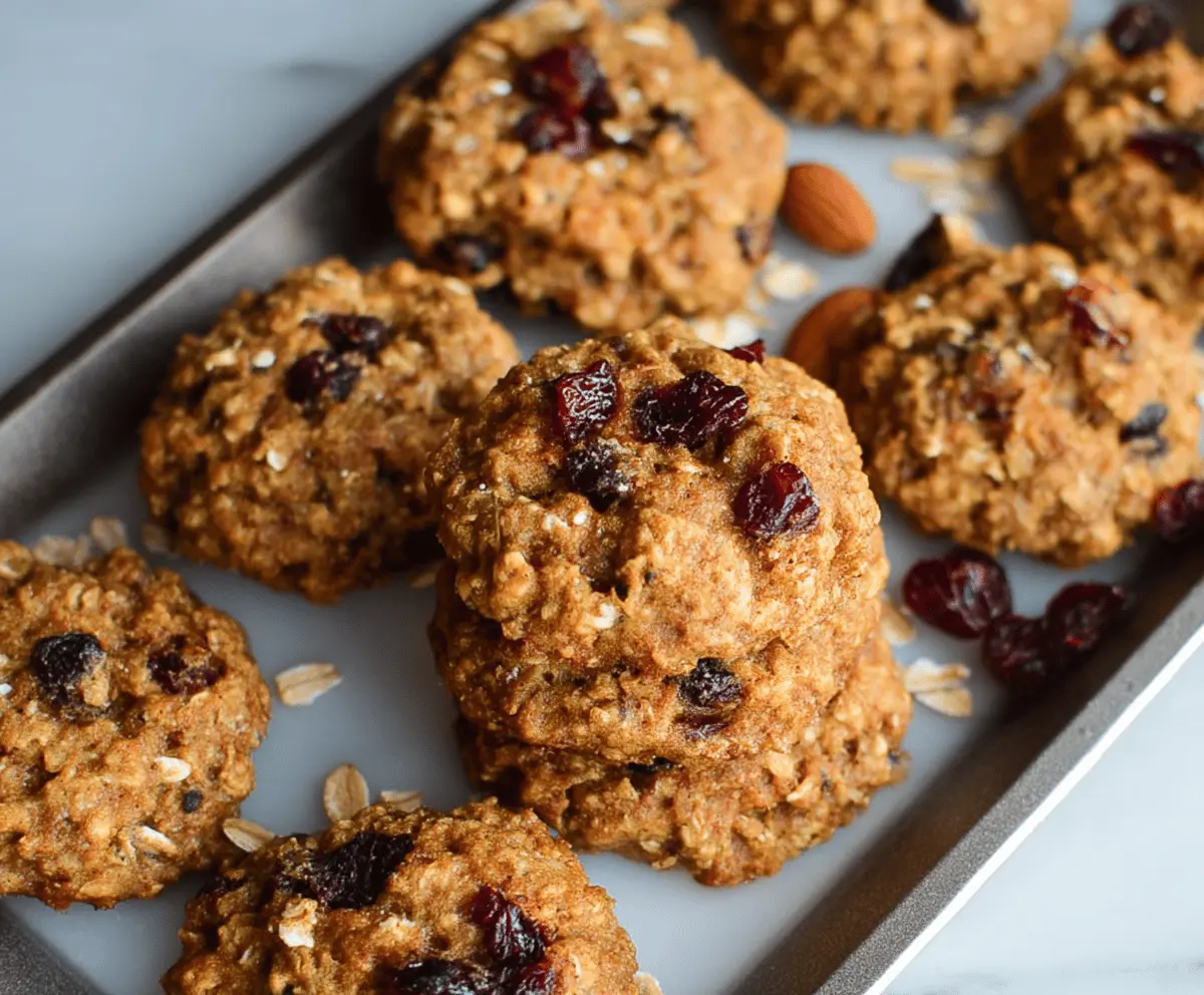Healthy oatmeal breakfast cookies with nuts and dried fruits on a rustic wooden table.